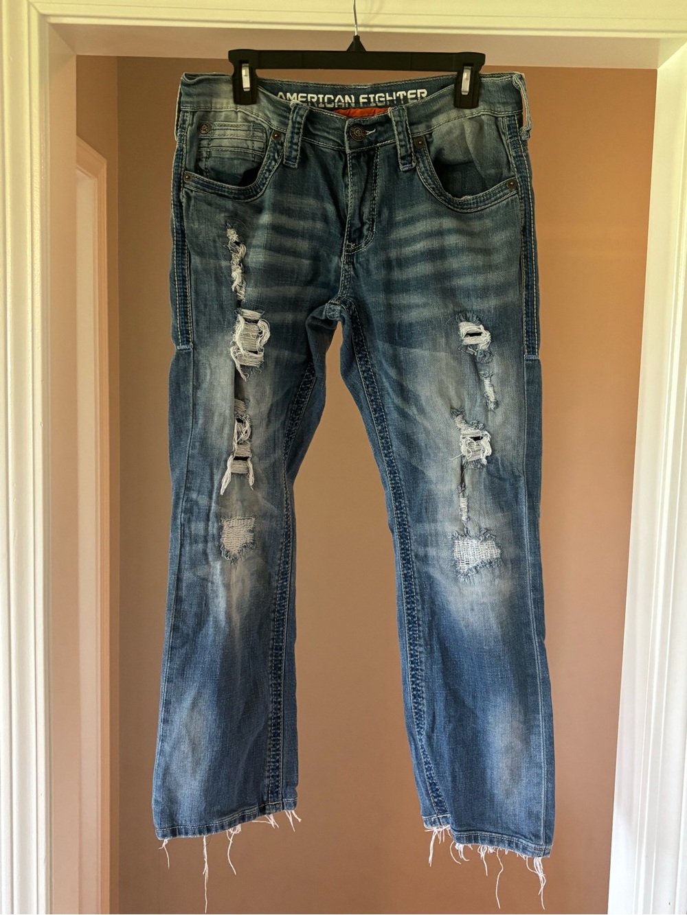 American Fighter Distressed Light Blue Straight Jeans